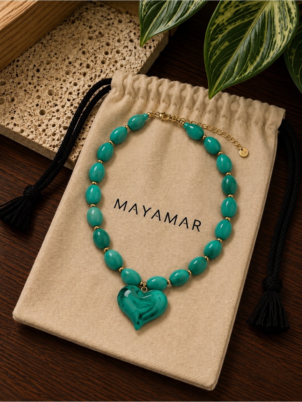 Mayamar Teal acrylic and resin Heart Bead Necklace -